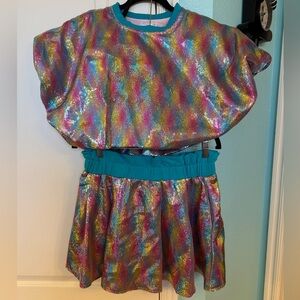 Queen of Sparkles Teal Rainbow Sequin Cropped Bubble Top and Skort Set